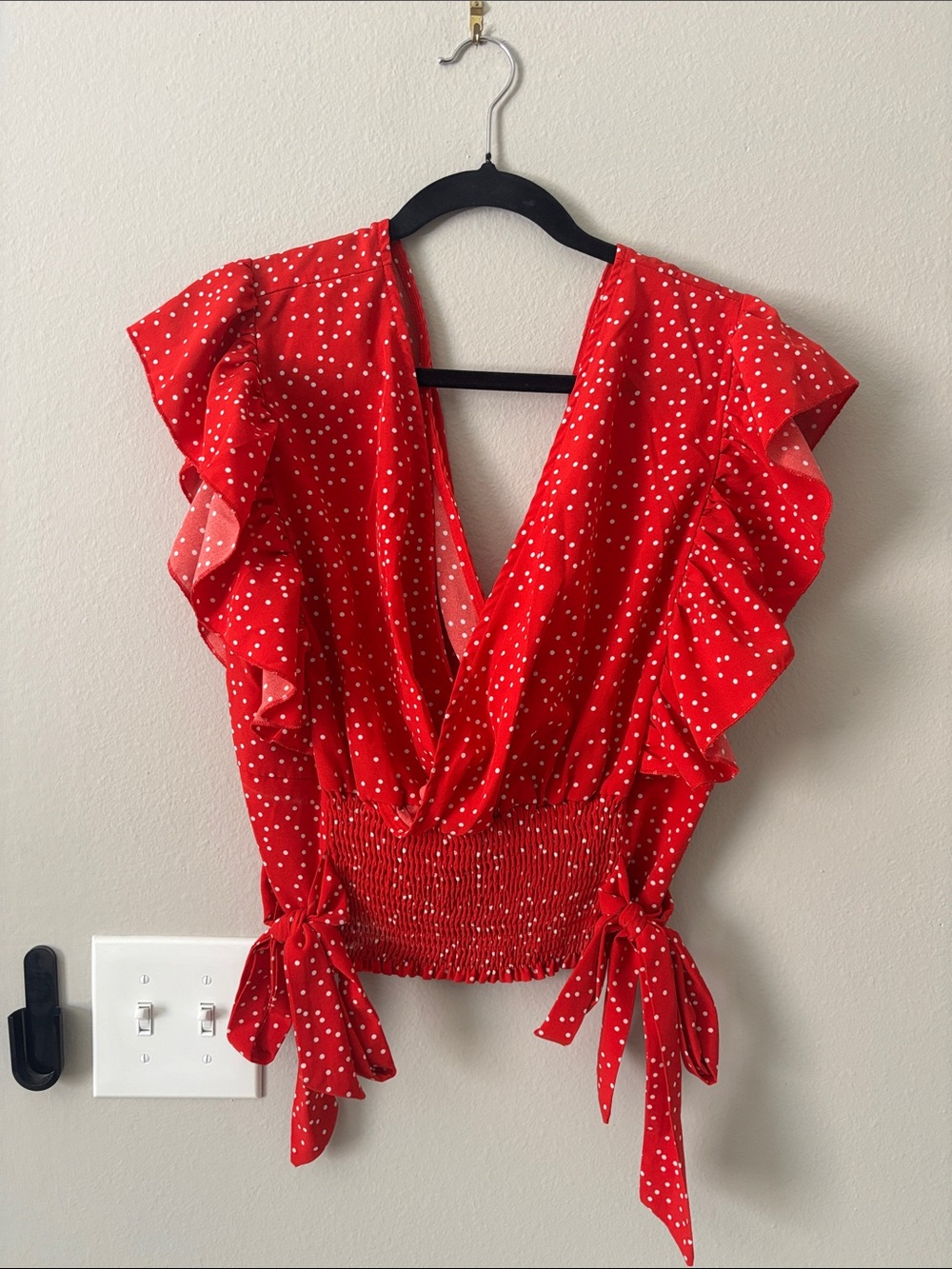 SHEIN Red Polka Dot Ruffle Wrap Top